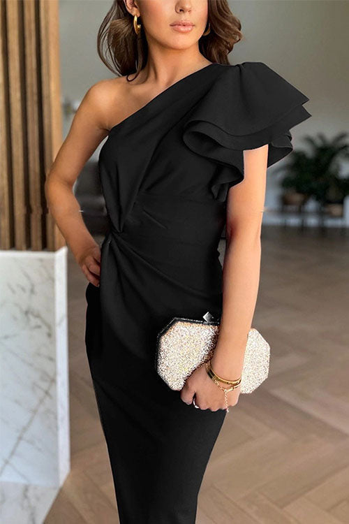 Caz | Off-Shoulder Midi Dress with Ruffles and Side Slit