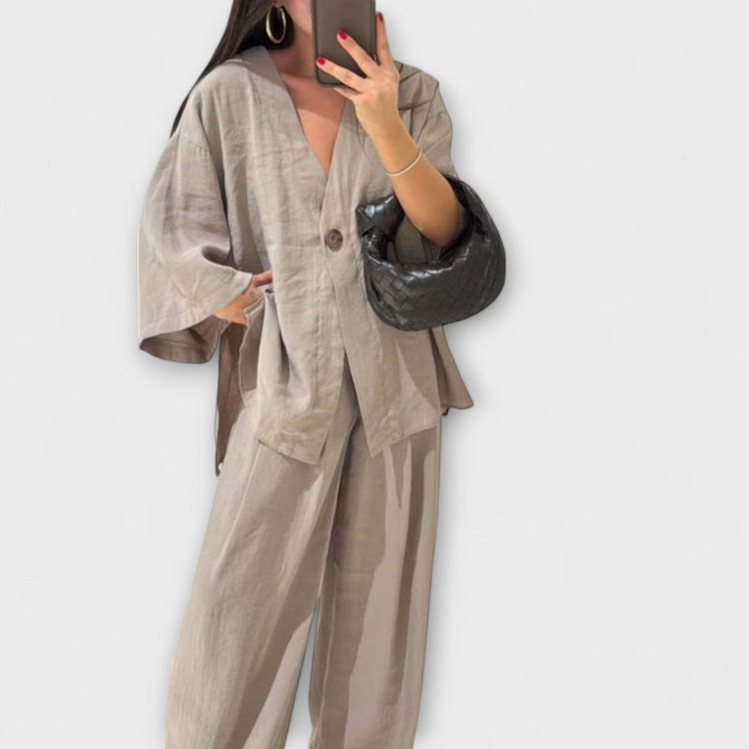 Jacqueline – Casual V-Neck Top & Trouser Duo