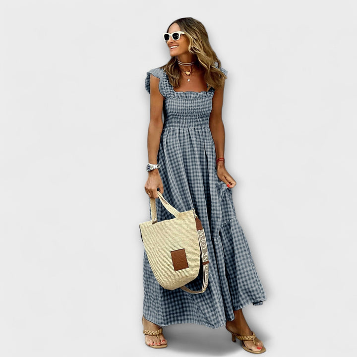 Hazel – Checked Maxi Dress with Ruffled Sleeves