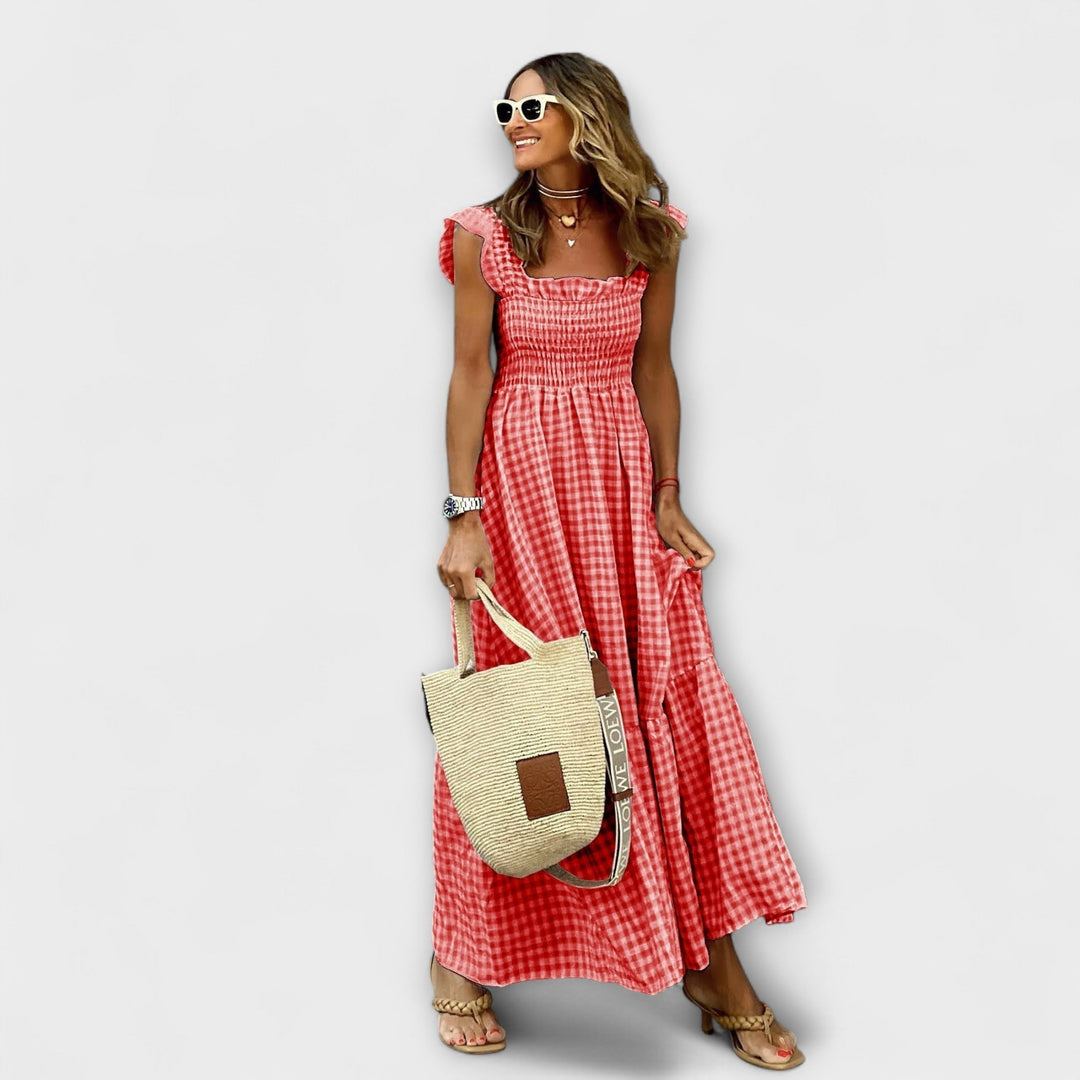 Hazel – Checked Maxi Dress with Ruffled Sleeves