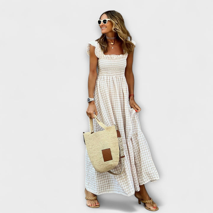 Hazel – Checked Maxi Dress with Ruffled Sleeves
