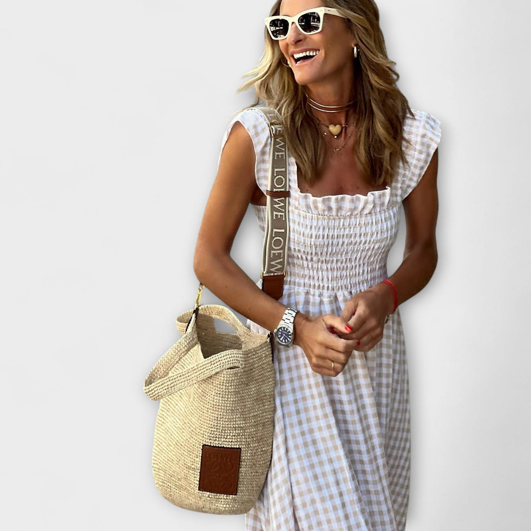 Hazel – Checked Maxi Dress with Ruffled Sleeves