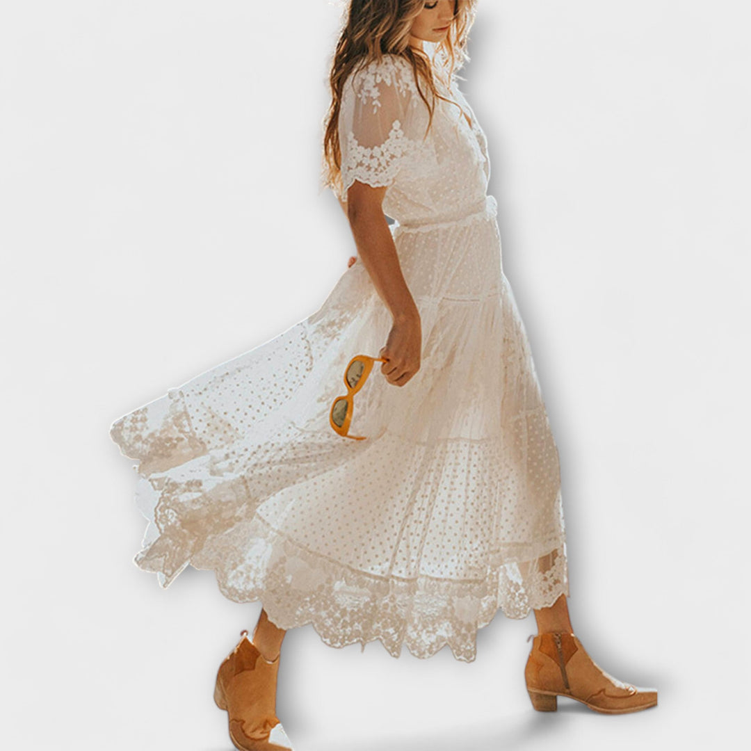 Britney | Lacey midi dress with V-neck and short sleeves