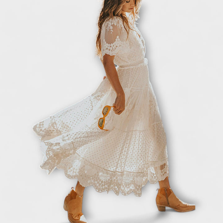 Britney | Lacey midi dress with V-neck and short sleeves