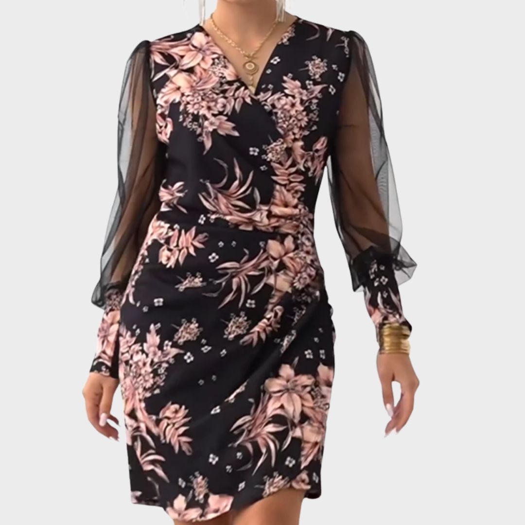 Isabelle™ | Floral V-Neck Mini Dress with Long Sleeves