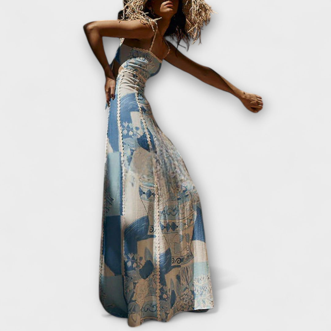Teresa – Ric Rac Trim Linen Flared Maxi Dress