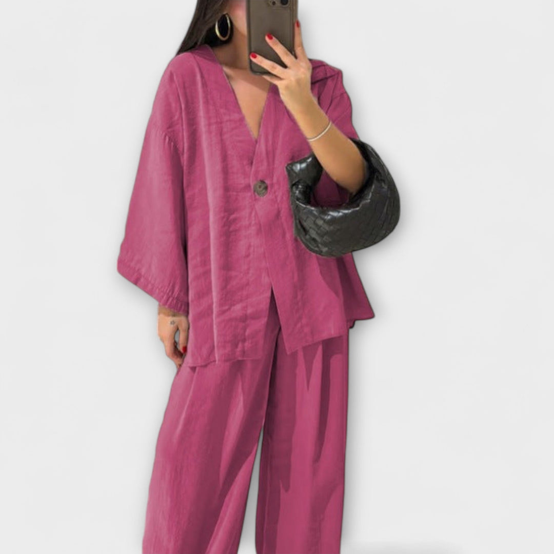 Jacqueline – Casual V-Neck Top & Trouser Duo