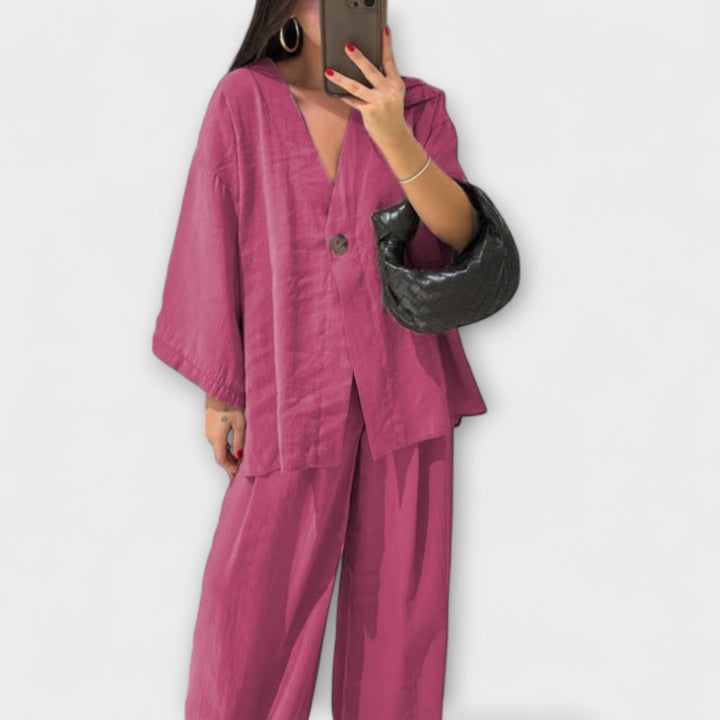 Jacqueline – Casual V-Neck Top & Trouser Duo