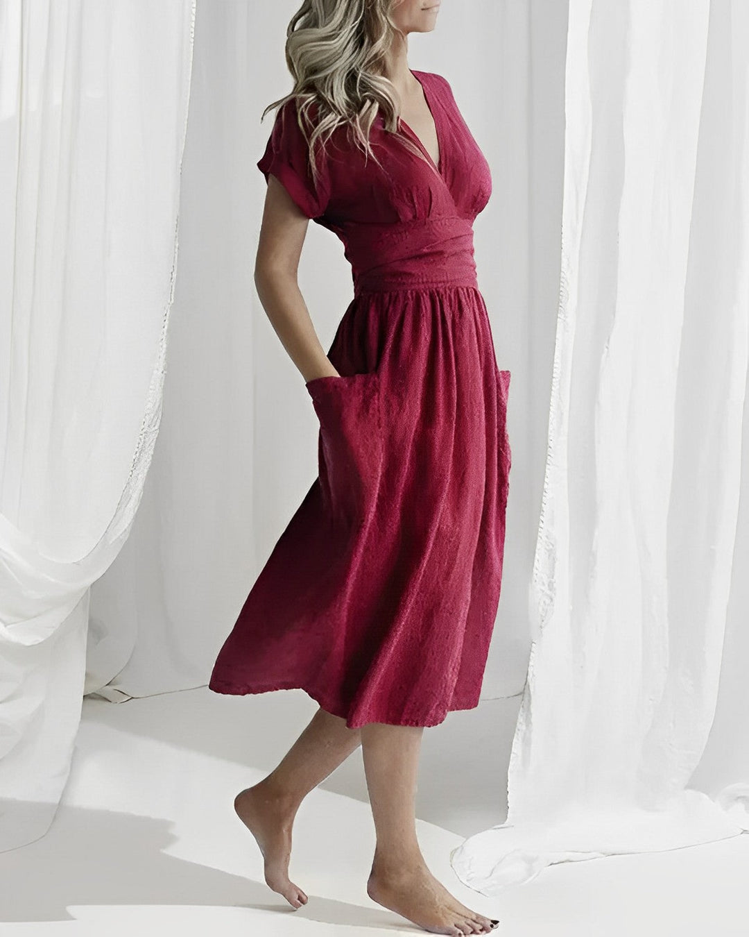 Ilse™ | Elegant Midi Dress with Belt & Side Pockets