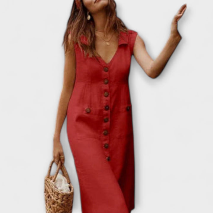 Nora – Cotton-Linen A-Line Dress with Button-Down Collar