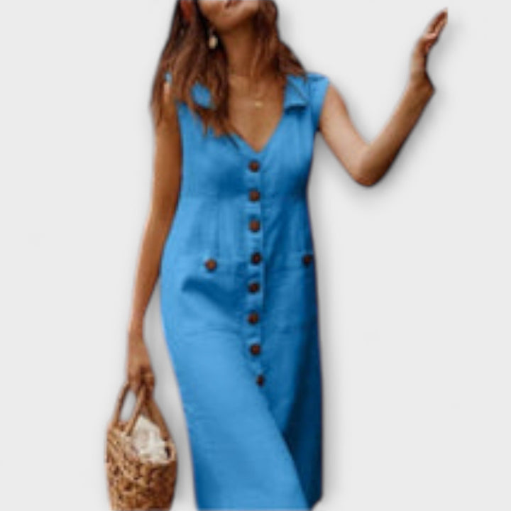 Nora – Cotton-Linen A-Line Dress with Button-Down Collar