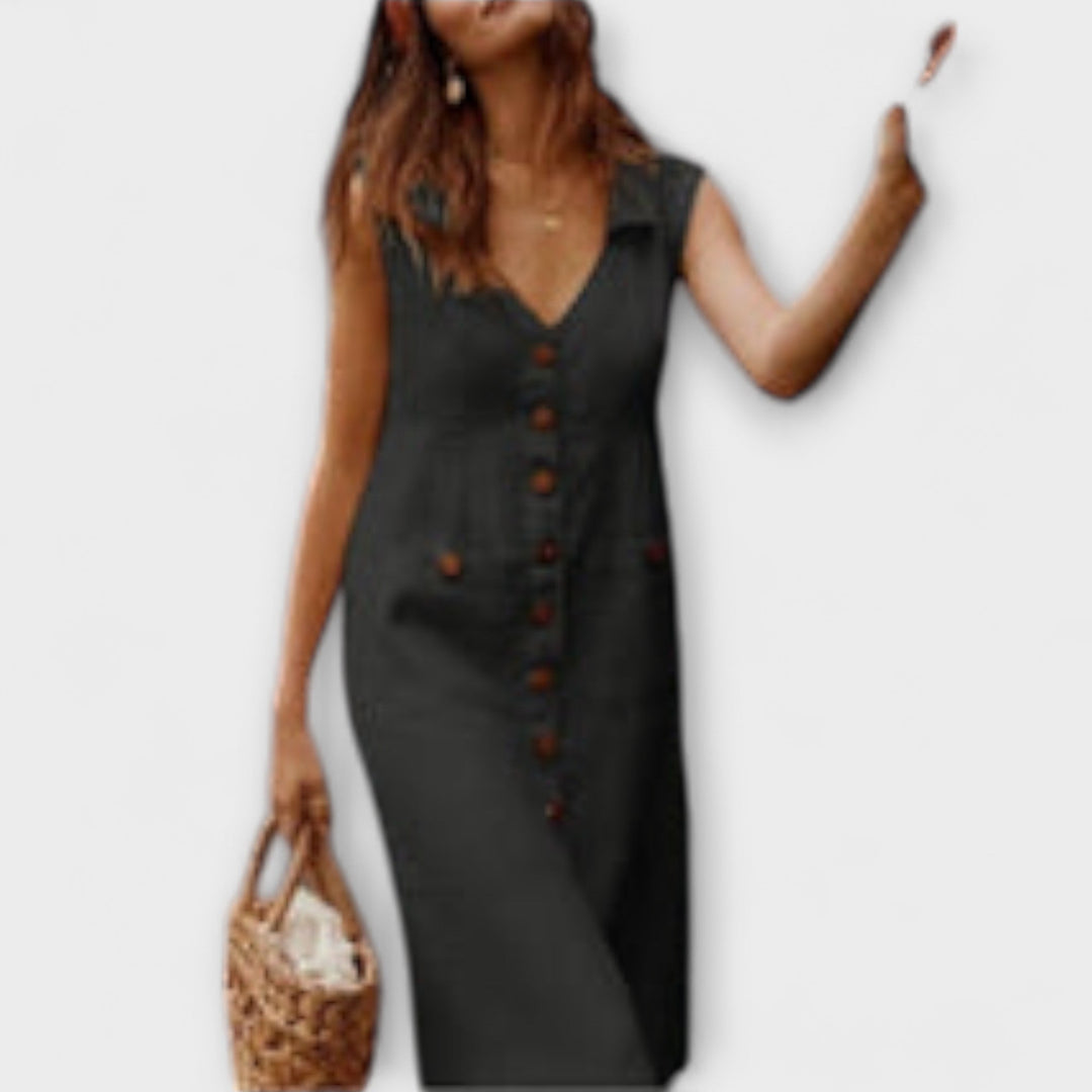 Nora – Cotton-Linen A-Line Dress with Button-Down Collar