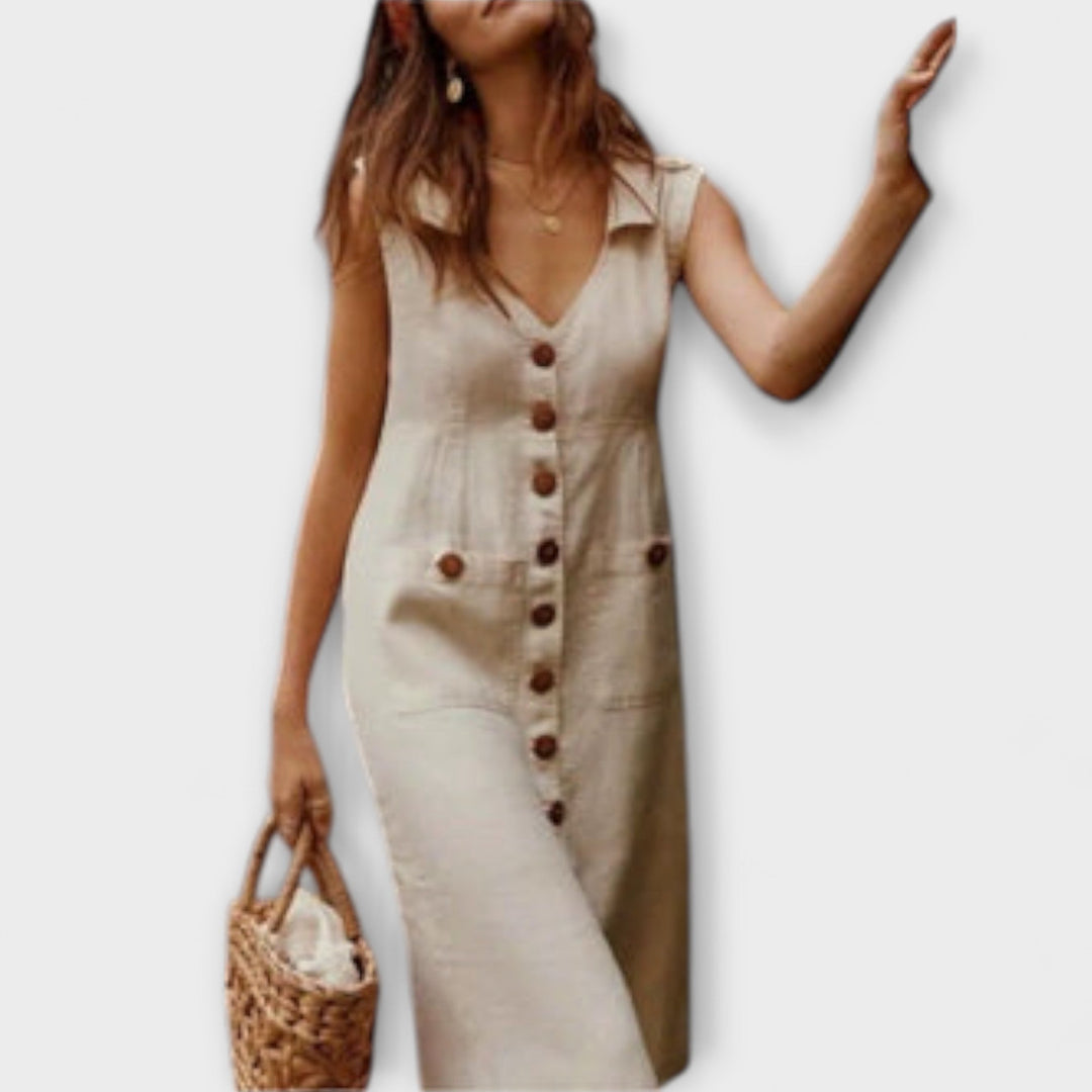 Nora – Cotton-Linen A-Line Dress with Button-Down Collar