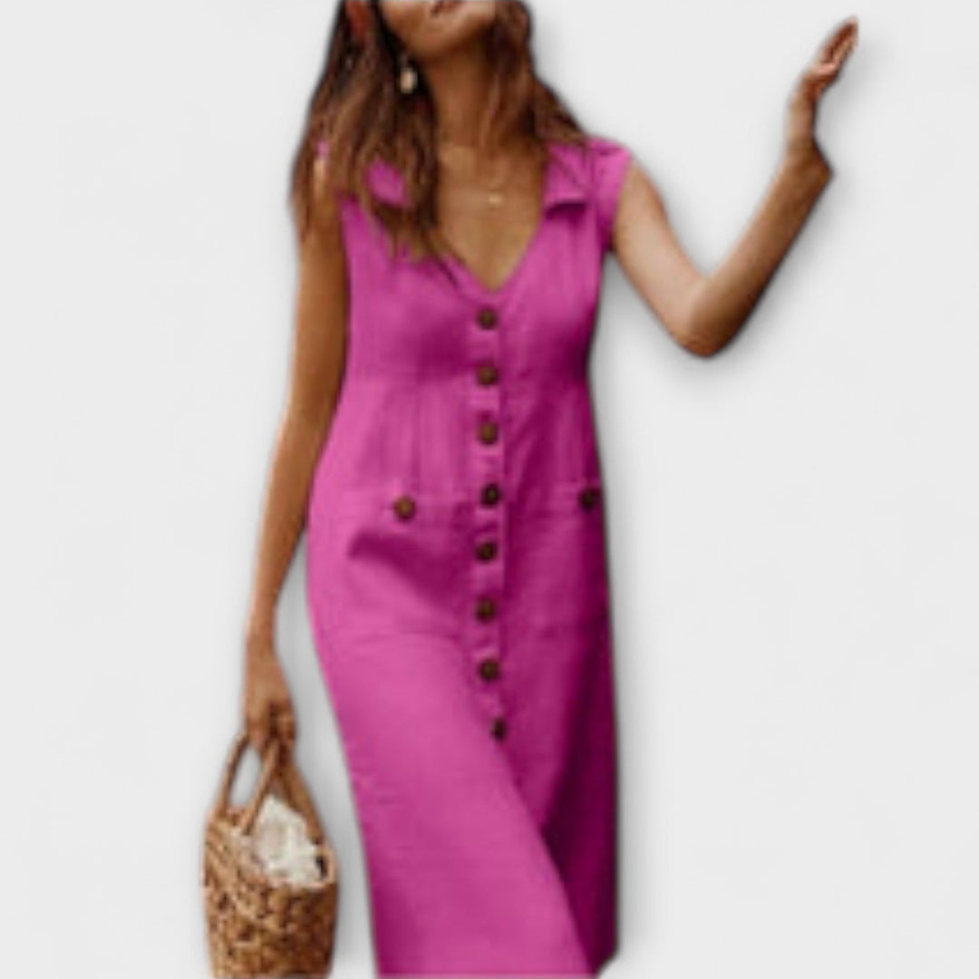 Nora – Cotton-Linen A-Line Dress with Button-Down Collar