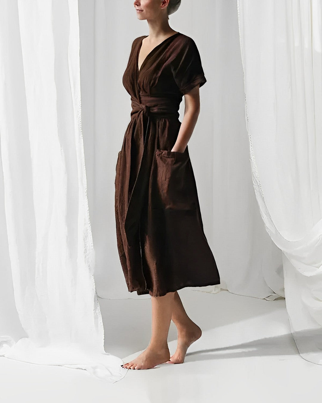Ilse™ | Elegant Midi Dress with Belt & Side Pockets