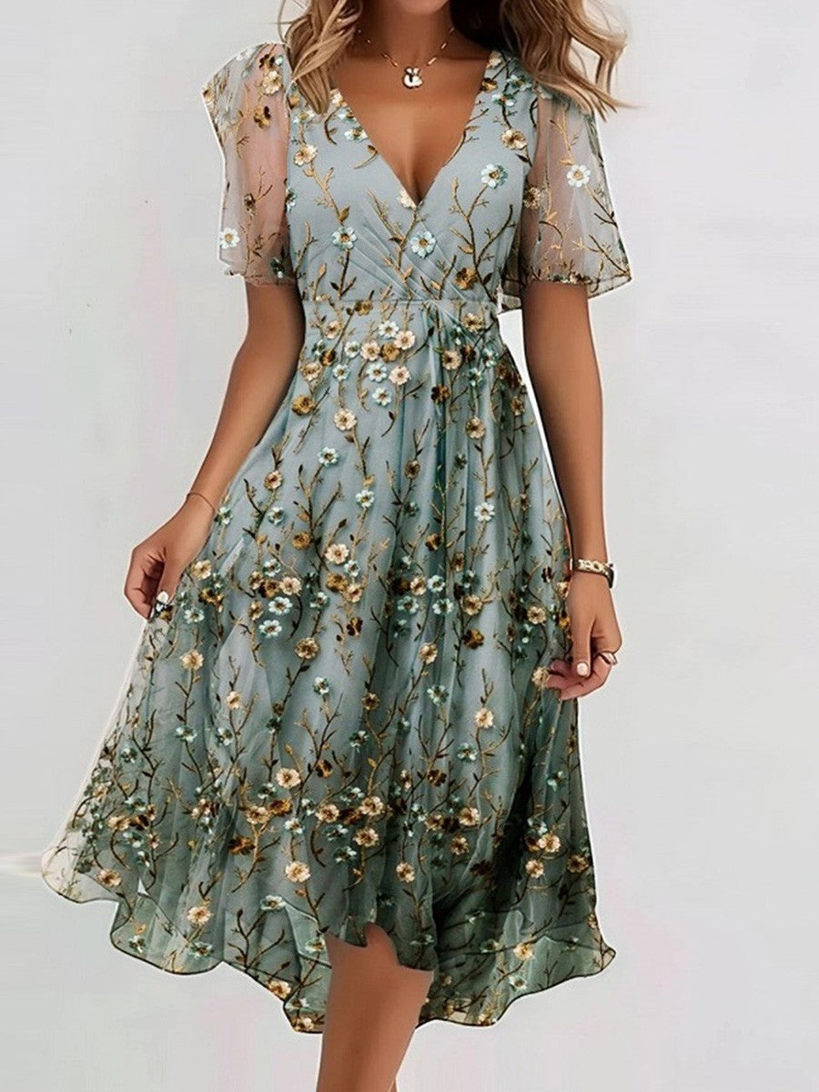 Amelia™ | Blue V-Neck Short Sleeve Midi Dress