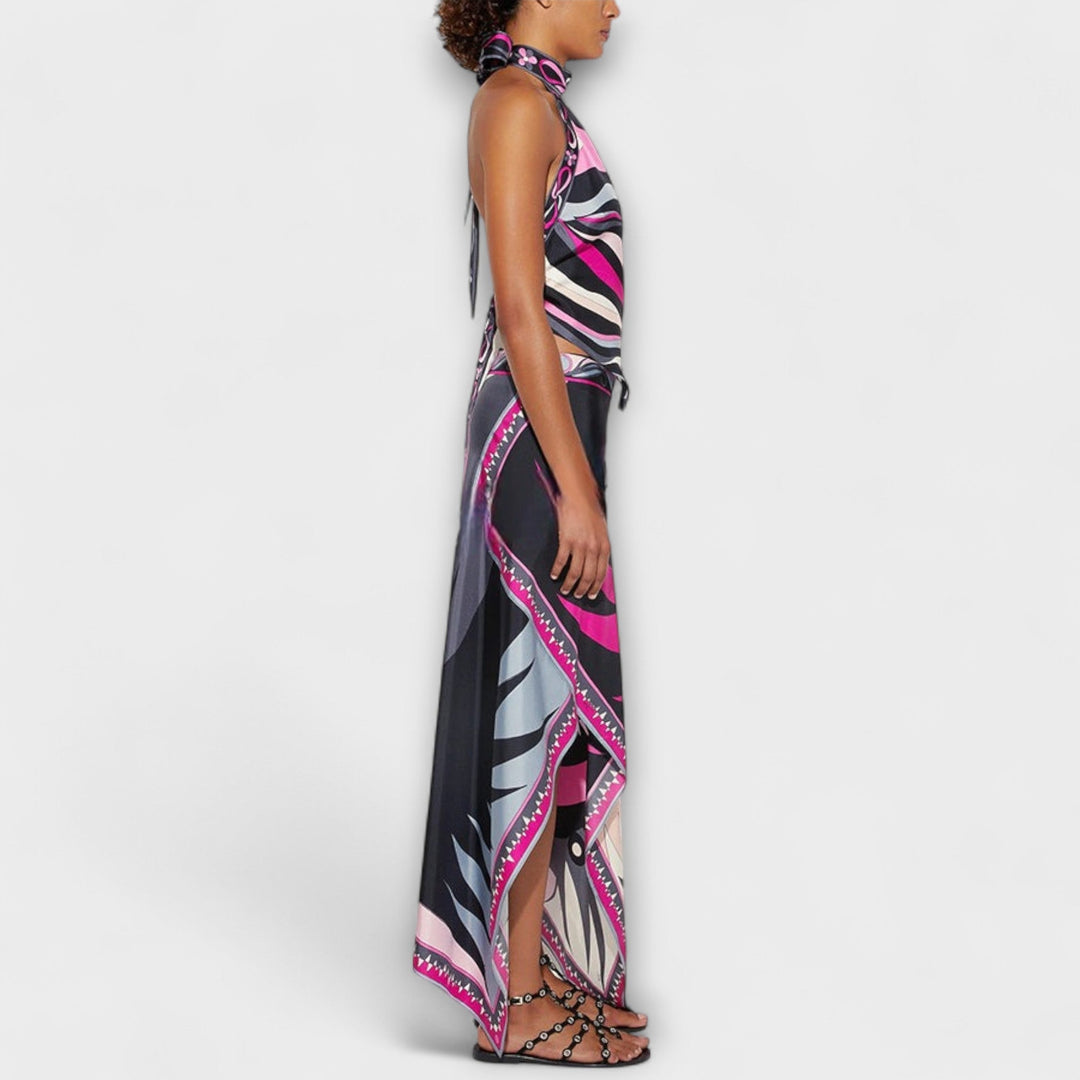 Everly – Halterneck Top & Asymmetric Midi Skirt Set
