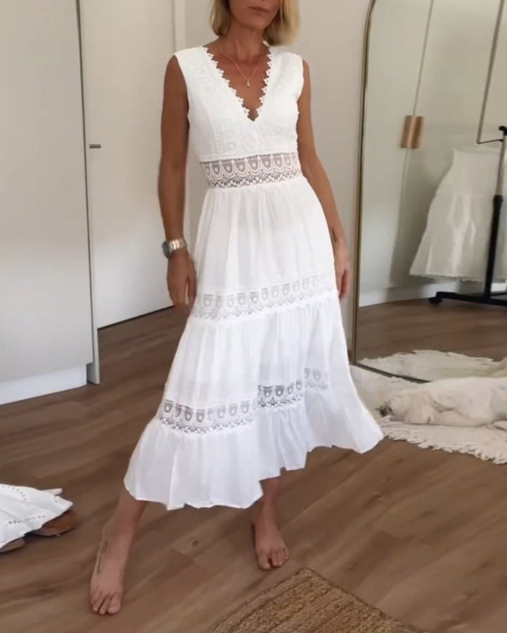 Ninfea | Sleeveless Boho-Style Midi Dress with Lace Details