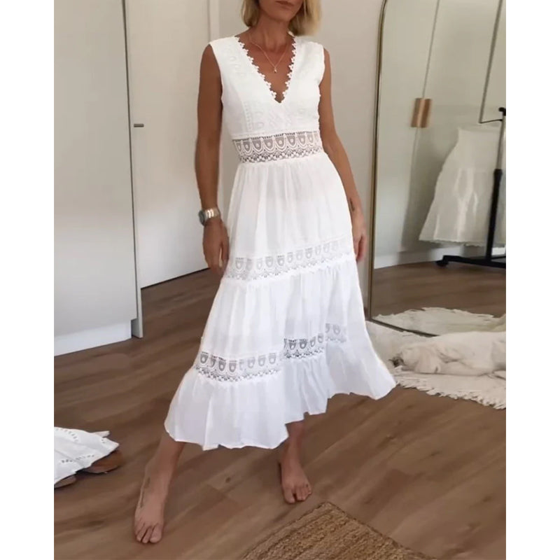 Ninfea | Sleeveless Boho-Style Midi Dress with Lace Details