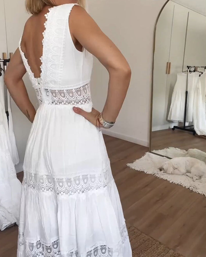 Ninfea | Sleeveless Boho-Style Midi Dress with Lace Details