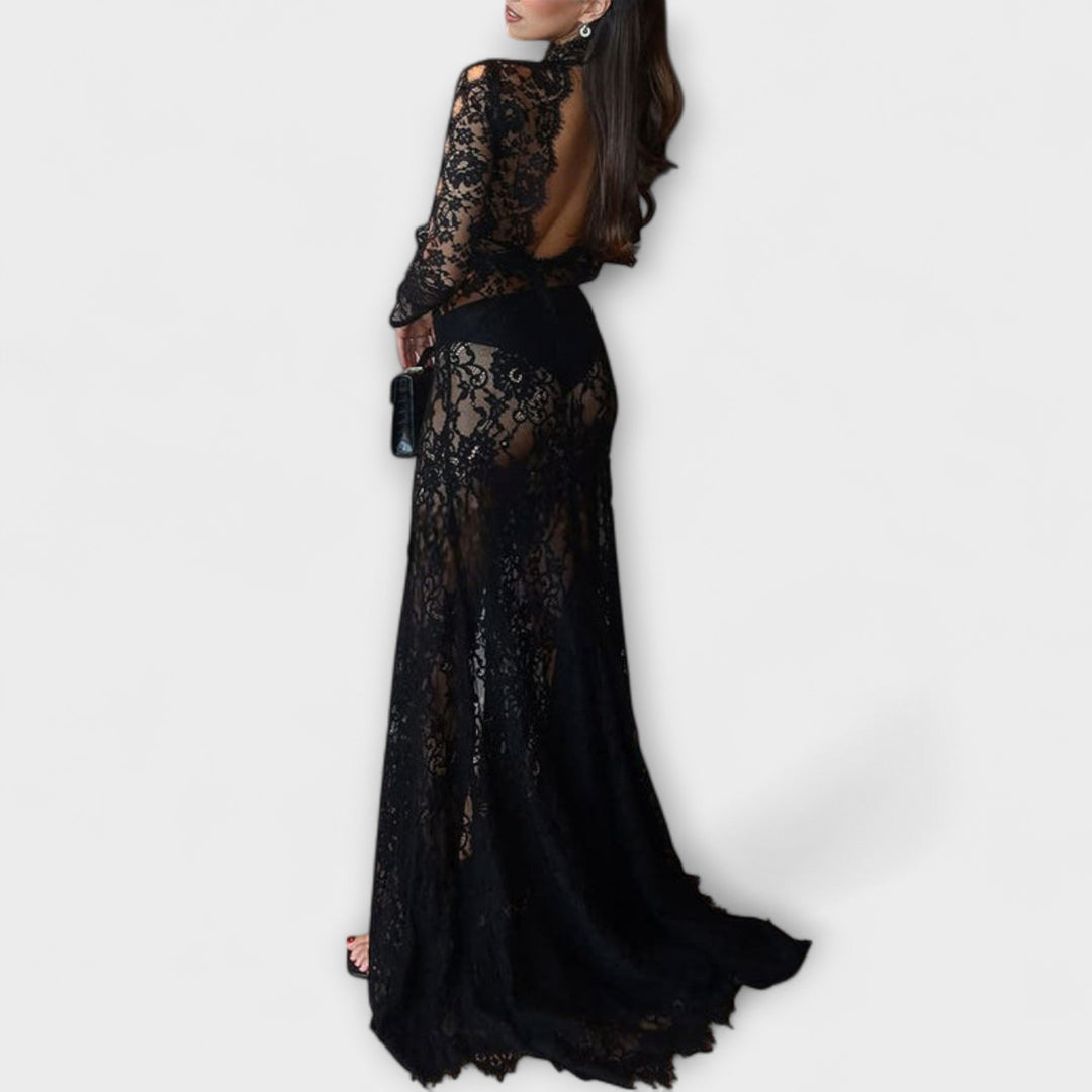 Azalea – Midnight Elegance Sheer Cut-Out Long Sleeve Stretch Maxi Dress