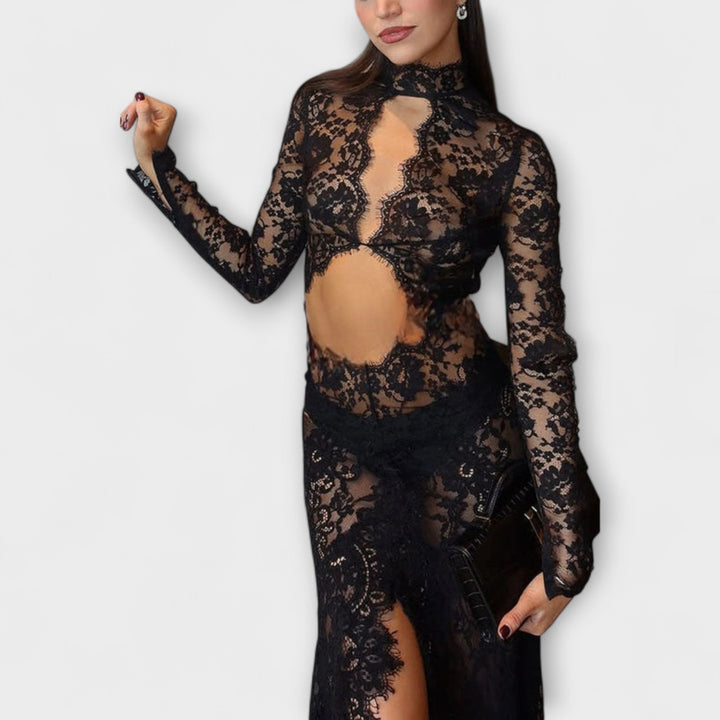 Azalea – Midnight Elegance Sheer Cut-Out Long Sleeve Stretch Maxi Dress
