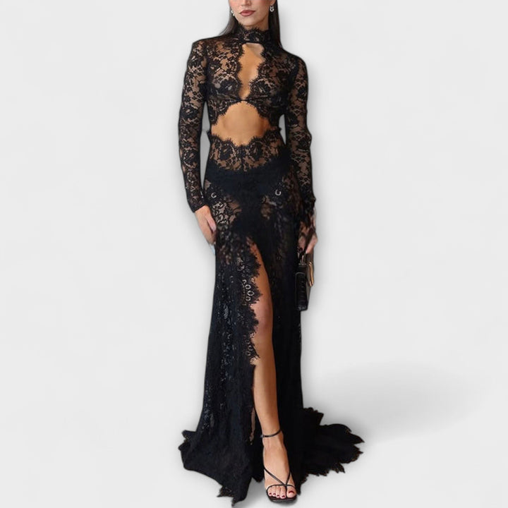 Azalea – Midnight Elegance Sheer Cut-Out Long Sleeve Stretch Maxi Dress